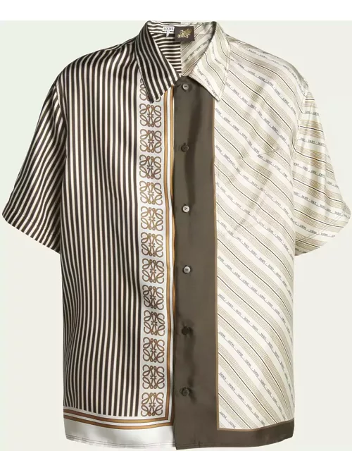 Men's Silk Mixed Scarf Printed Short-Sleeve Shirt