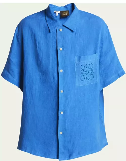 Men's Embroidered Anagram Linen Short-Sleeve Shirt