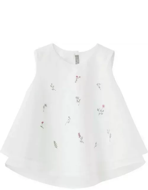 White tank top with flower embroidery in cotton voile