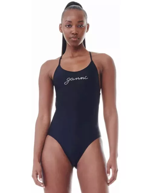 GANNI Recycled Tie String Swimsuit in Black