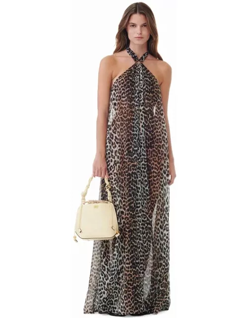 GANNI Leopard Printed Light Chiffon Halterneck Long Dres