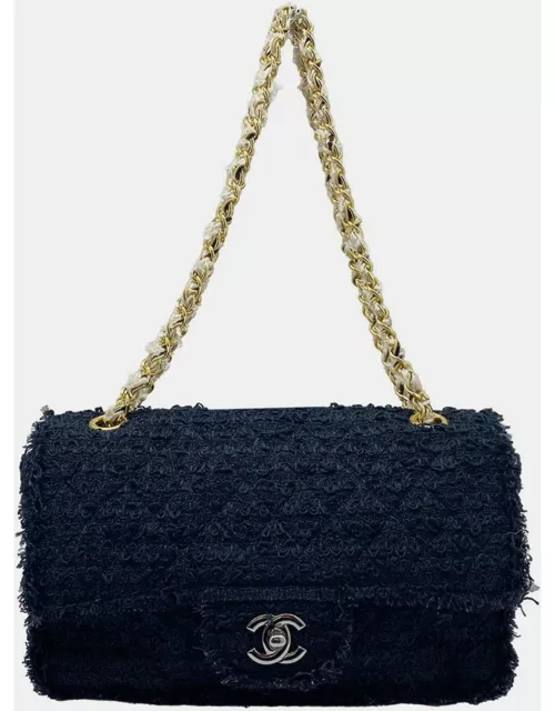 Chanel Black Tweed Matelasse Medium Single Flap Shoulder Bag