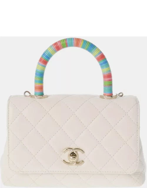 Chanel White Quilted Lambskin Mini Rainbow Coco Top Handle Bag