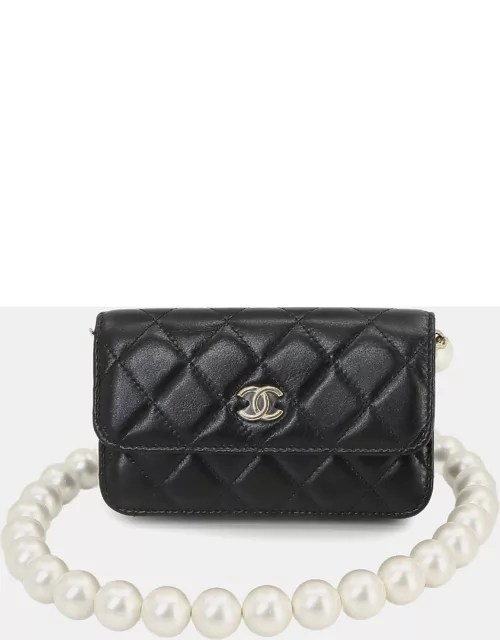 Chanel Black Quilted Calfskin Pearl Strap Clutch with Chain