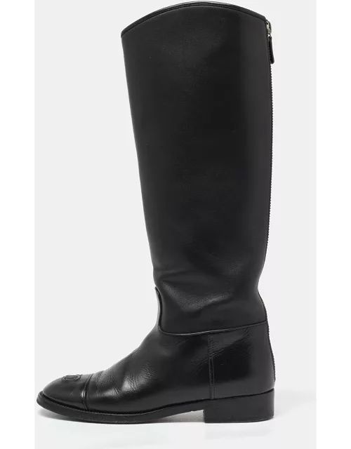 Chanel Black Leather CC Cap Toe Knee Length Boot