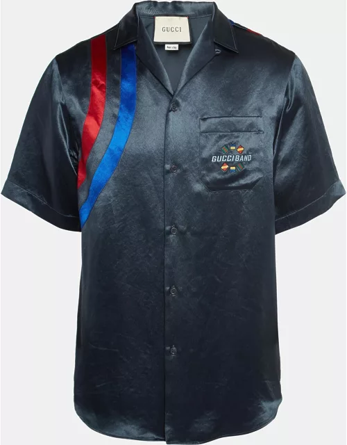 Gucci Dark Blue Satin Embroidered Bowling Shirt