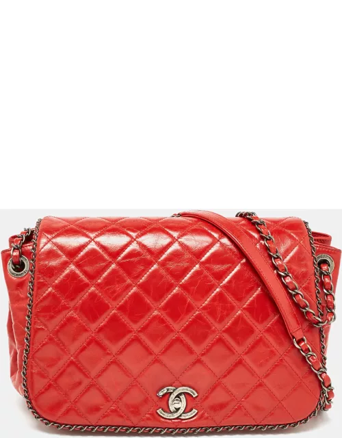 Chanel Red Quilted Aged Leather Chain Around Accordion Flap Bag