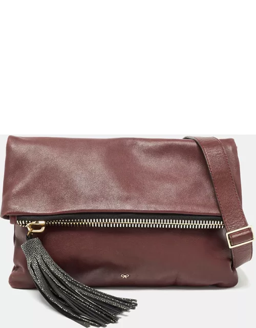 Anya Hindmarch Burgundy Leather Fold Over Tassel Crossbody Bag