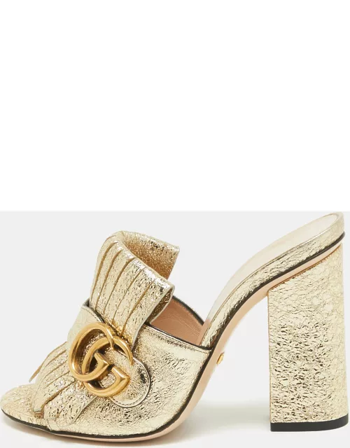 Gucci Gold Textured Leather GG Marmont Fringed Slide Sandal