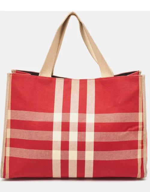 Burberry Red/Beige Check Canvas Tote