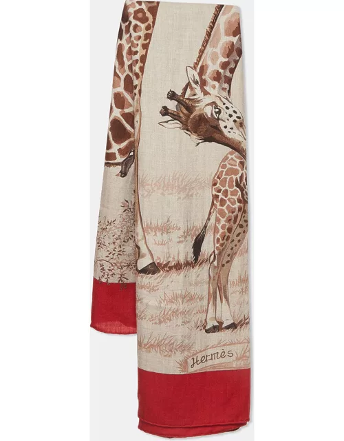 Hermes Red/Beige Cashmere and Silk Les Girafes Scarf