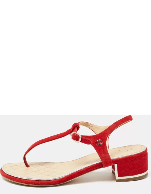Chanel Red Suede CC Thong Ankle Strap Sandal