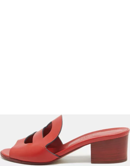 Hermes Red Leather Mona Block Heel Slide Sandal