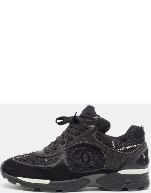 Chanel Black Tweed and Leather CC Low Top Sneaker