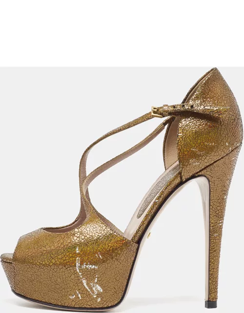 Gucci Gold Texture Leather Ankle Strap Peep Toe Sandal