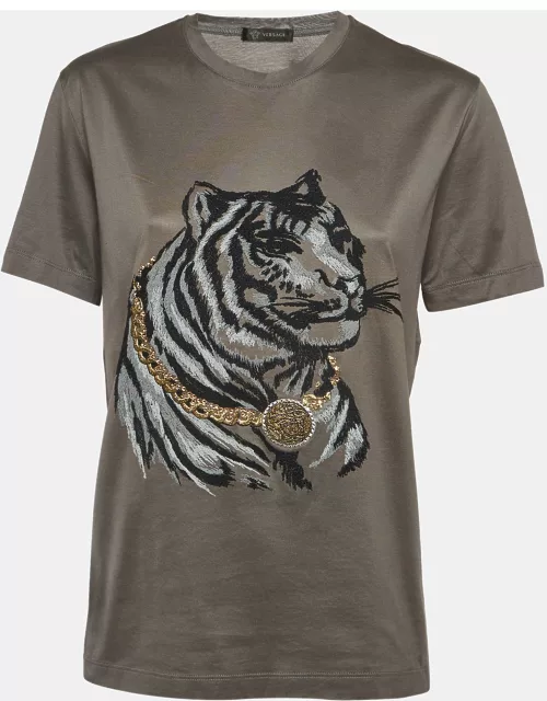 Versace Grey Tiger Embroidered Jersey Crew Neck T-Shirt