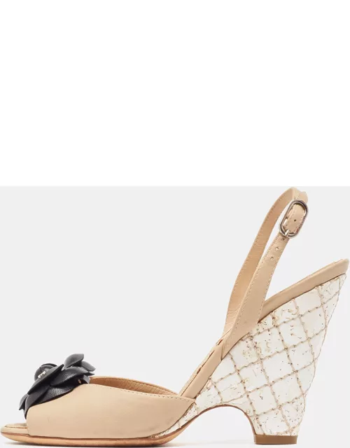 Chanel Beige Leather CC Camellia Cork Wedge Ankle Strap Sandals