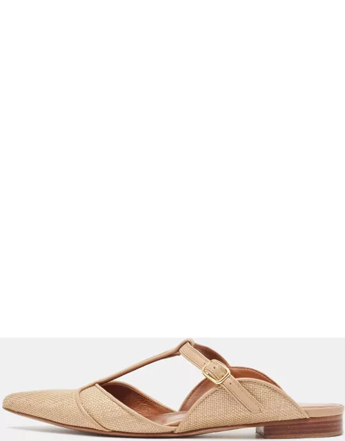Malone Souliers Beige/Leather Raffia and Leather Marion Buckle Detail Flat Sandal