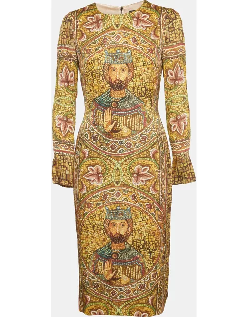 Dolce & Gabbana Yellow Ecclesiastical Print Silk Midi Dress