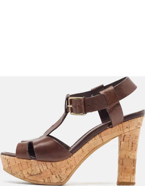 Santoni Brown Leather Ankle Strap Platform Sandal