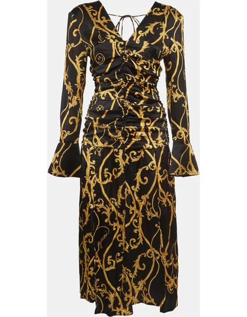 Ganni Black/Gold Rope Print Satin Ruched Midi Dress