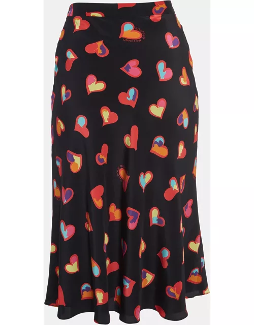 Boutique Moschino Black Heart Print Silk Flared Midi Skirt