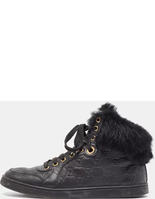 Gucci Black Guccissima Leather and Fur Trim Cada High Top Sneaker