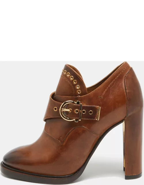Salvatore Ferragamo Brown Leather Nevers Eyelet Buckle Detail Ankle Bootie