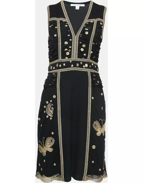 Diane Von Furstenberg Black Embroidered Mesh and Silk Sleeveless Tyche Dress