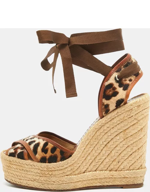 Dolce & Gabbana Brown/Beige Leopard Calf Hair and Leather Ankle Wrap Espadrille