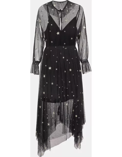 Maje Black Start Embroidered Mesh Asymmetric Midi Dress
