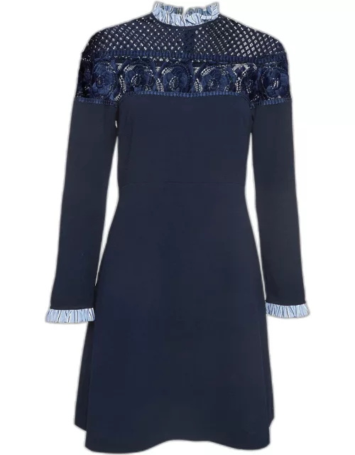 Sandro Navy Blue Crepe & Lace Mini Dress