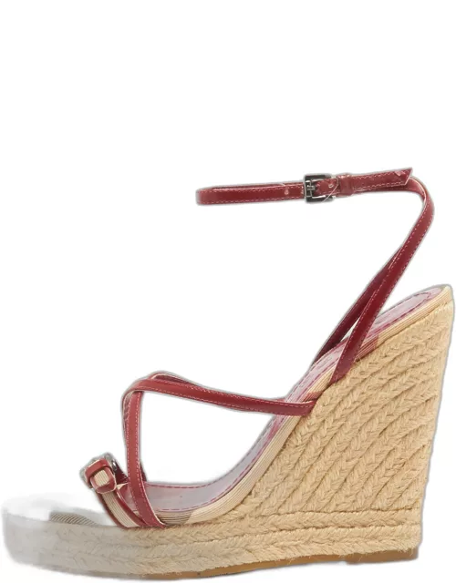Burberry Red/Beige Patent Leather and House Check Canvas Tenbury Wedge Platform Sandal