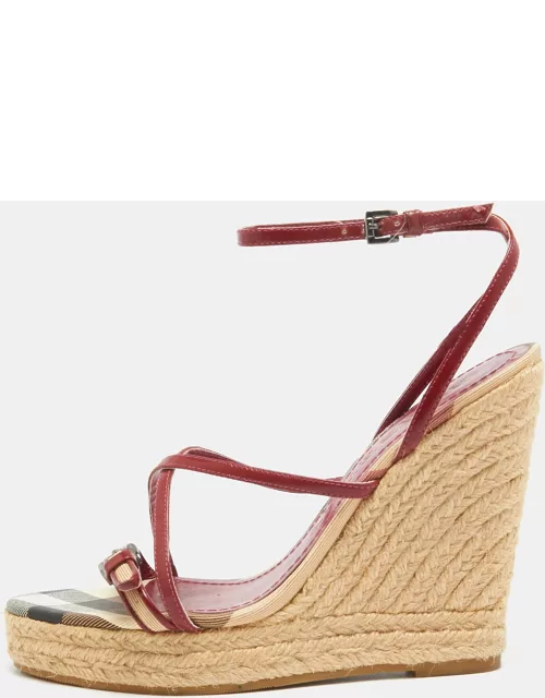 Burberry Red/Beige Patent Leather and House Check Canvas Tenbury Wedge Platform Sandal