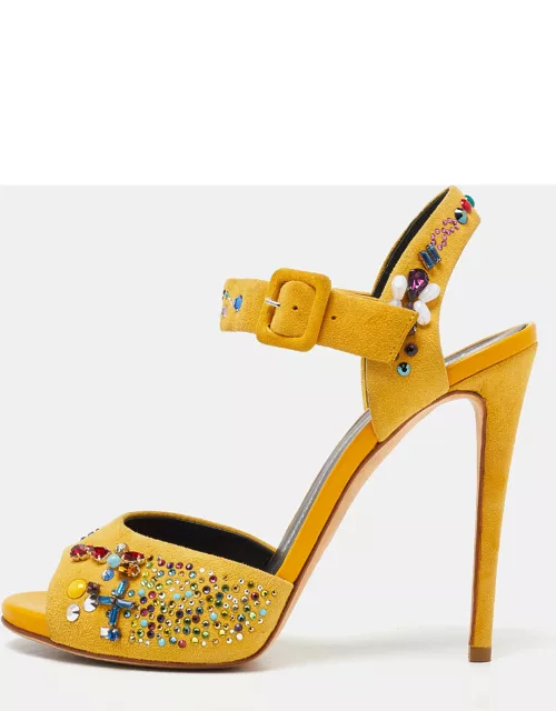 Giuseppe Zanotti Yellow Suede Crystal Embellished Ankle Strap Sandal
