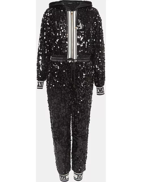 Dolce & Gabbana Black Sequin and Mesh Hooded Jumpsuit