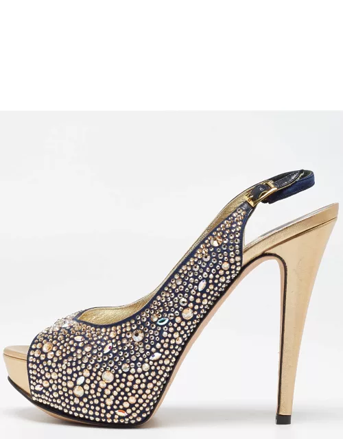 Gina Navy Blue/Gold Crystal Embellished Satin Open Toe Slingback Sandal
