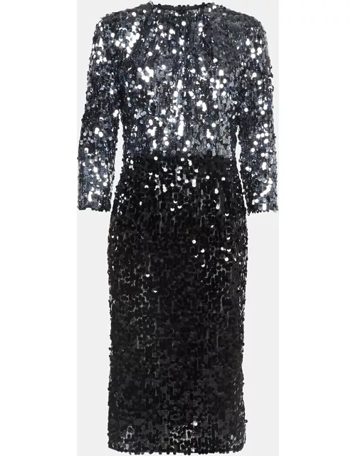 Dolce & Gabbana Black/Grey Sequin and Mesh Long Sleeve Midi Dress