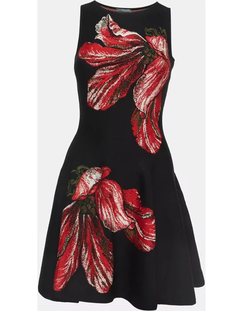 Alexander McQueen Black/Red Floral Intarsia Knit Fit & Flare Mini Dress
