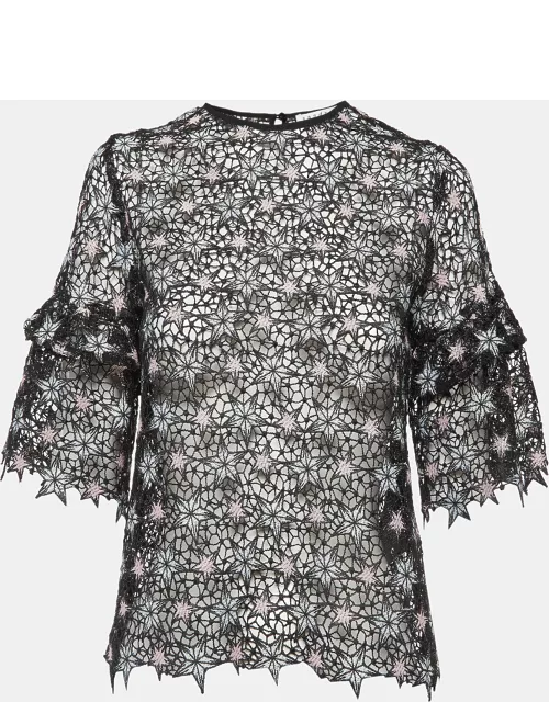 Sandro Black Star Pattern Lace Flared Sleeve Top