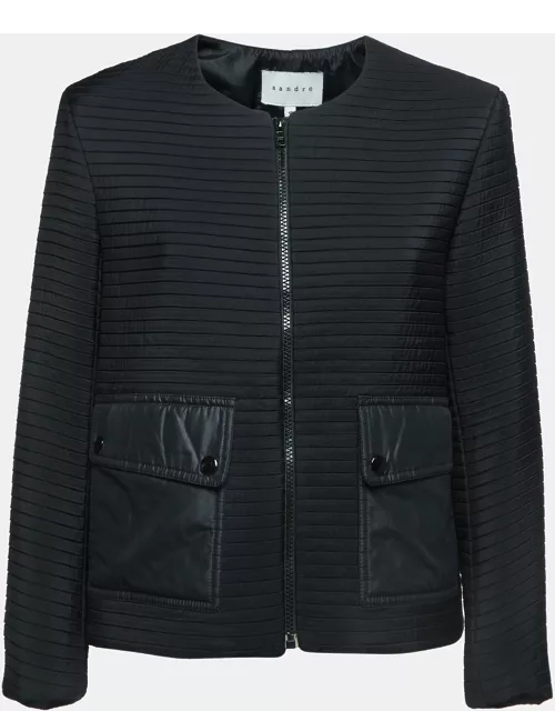 Sandro Black Synthetic Quilted Zipper Jackets