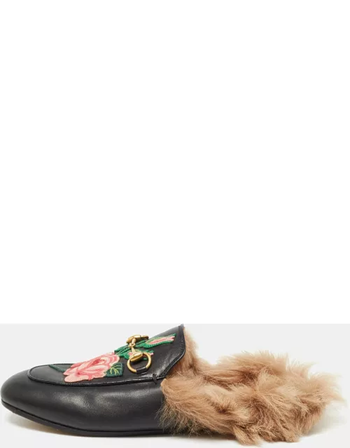 Gucci Black Leather and Fur Princetown Embroidered Flat Mule