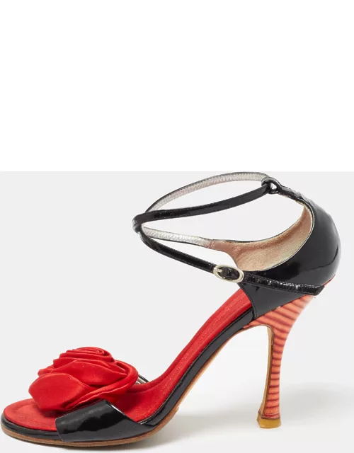 Giuseppe Zanotti Black/Red Patent Leather and Satin Rose Applique Sandal