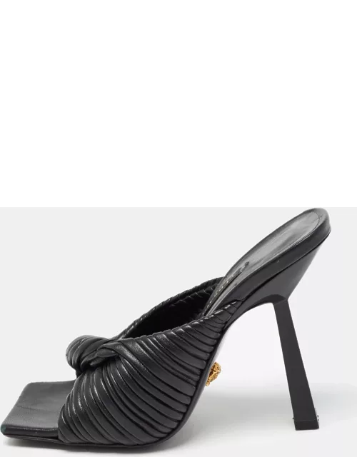 Versace Black Leather Plisse Slide Sandal