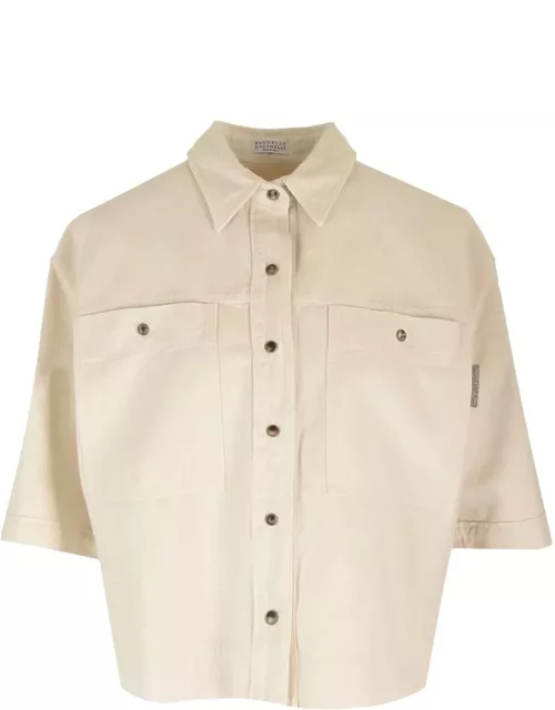 Brunello Cucinelli Cropped Shirt In Cotton And Linen