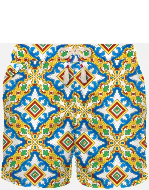 MC2 Saint Barth Man Light Fabric Swim Shorts With Maiolica Print