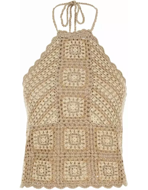 TwinSet Beige Crochet Top In Techno Fabric Woman