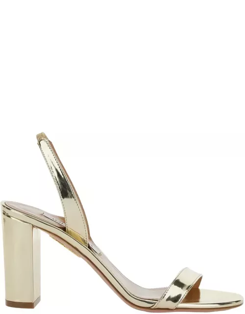 Aquazzura Gold-colored Slingback Sandals With Block Heel In Laminated Leather Woman