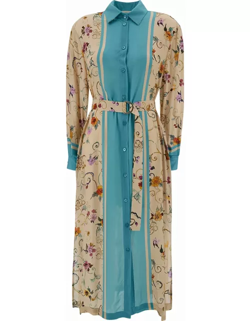 SEMICOUTURE Long Beige And Light Blue Chemisier Dress With Floreal Print And Belt In Viscose Woman