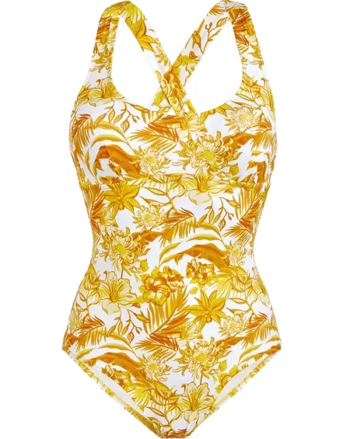 Women Round Neckline One-piece Swimsuit Tahiti Flowers - Swimming Trunk - Lya - Yellow